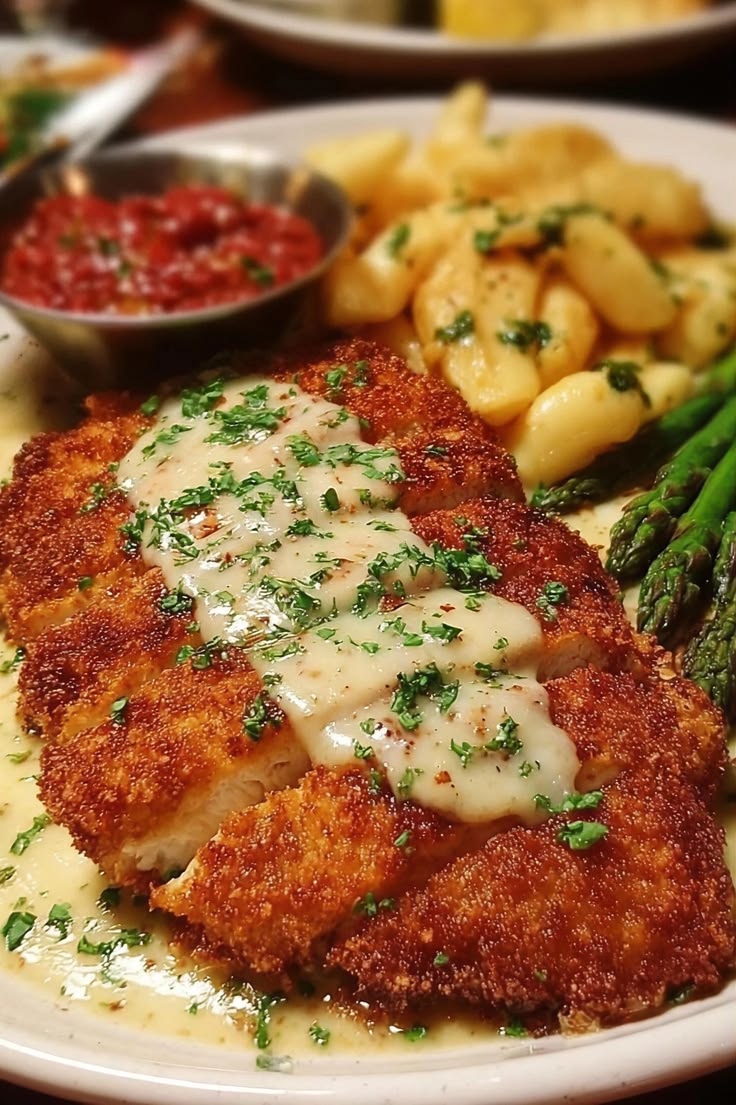 School Life Crispy Chicken Schnitzel with Lemon Butter Sauce, Sautéed Potatoes & Asparagus – Restaurant Dinner